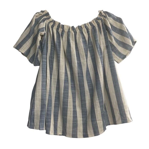 LOVE IN Women’s Off/On Shoulder Top Blue & White Striped Size Small Oversized - Picture 3 of 11